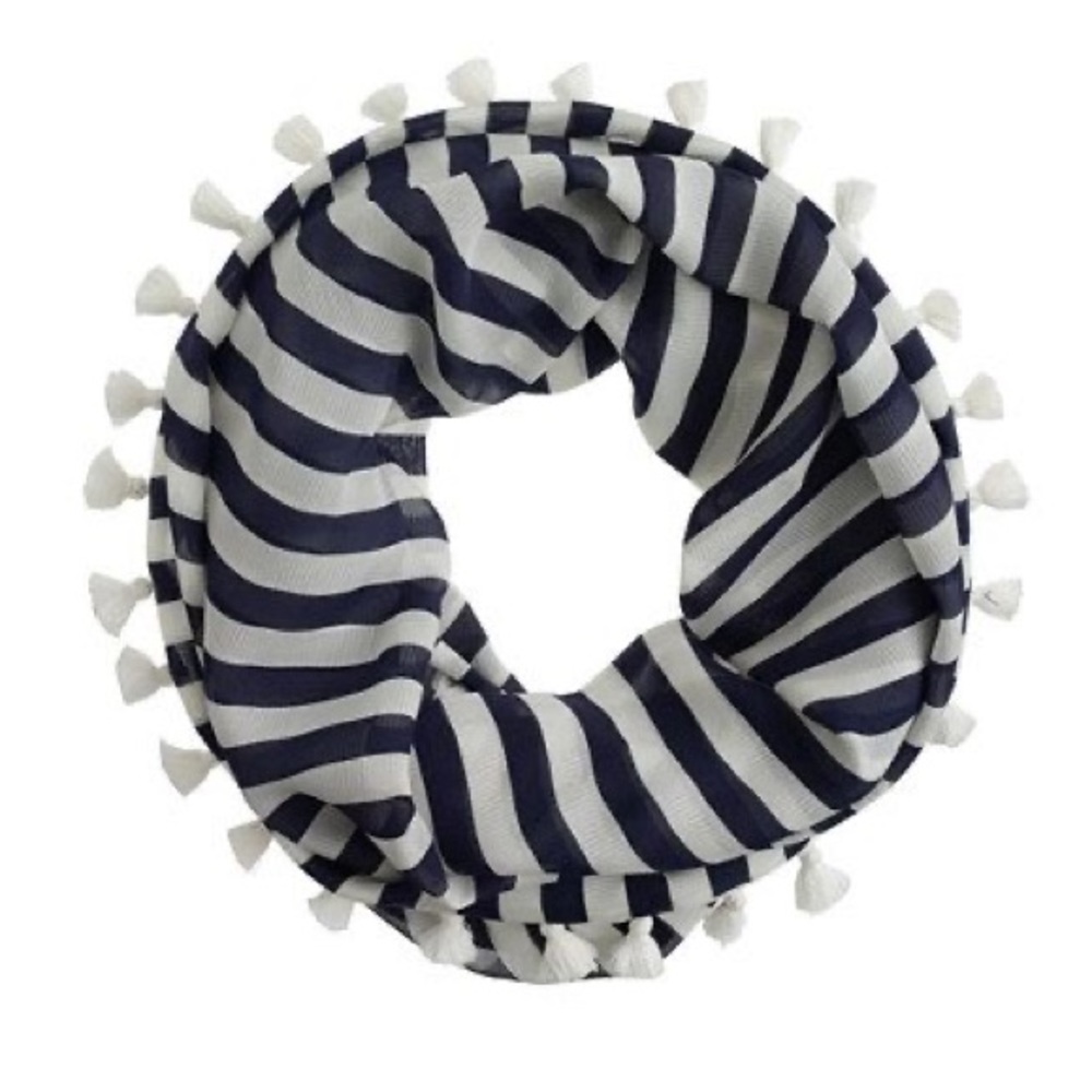 J.Crew Navy and White Silk Tasseled Infinity Scarf